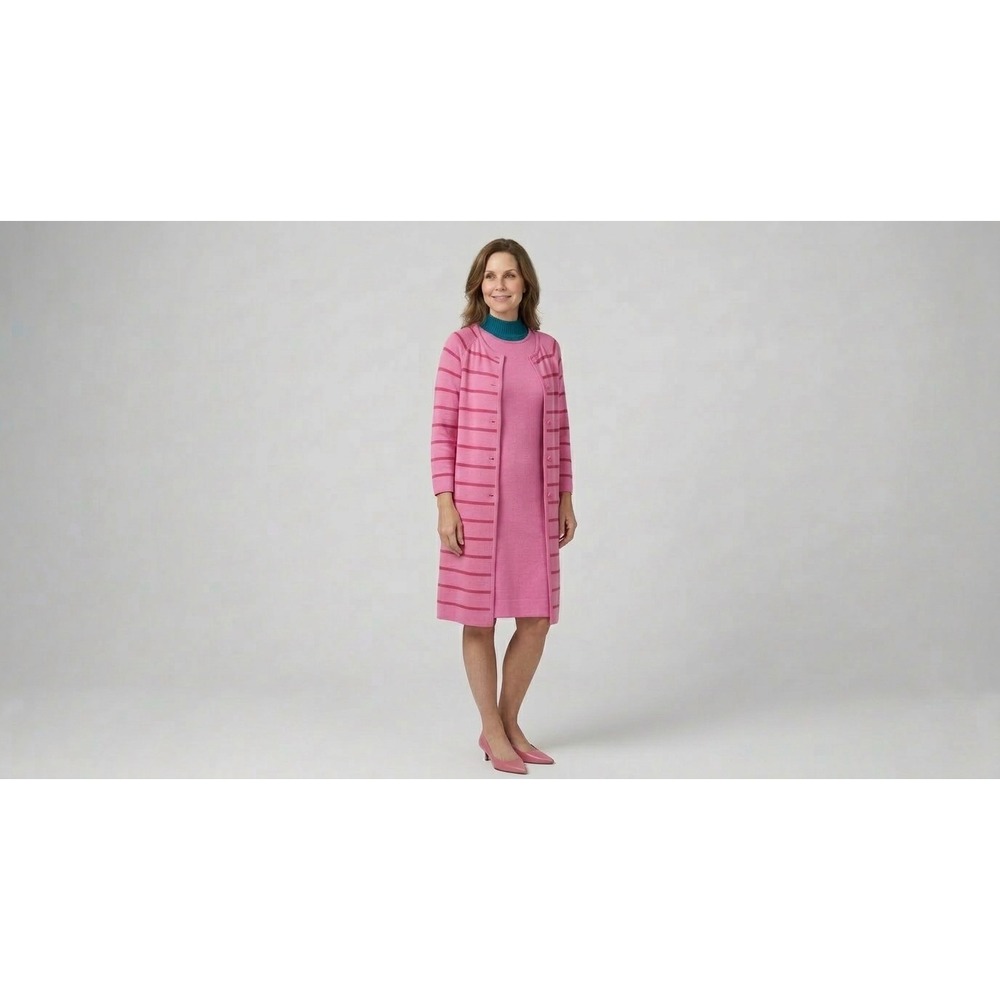 Vintage 1960's Pink Turquoise Knit Dress and Striped Duster Cardigan Set 2 Piece